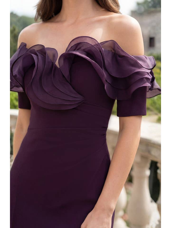Kos Couture Robe Longue Épaules Dénudées à Volants Femme